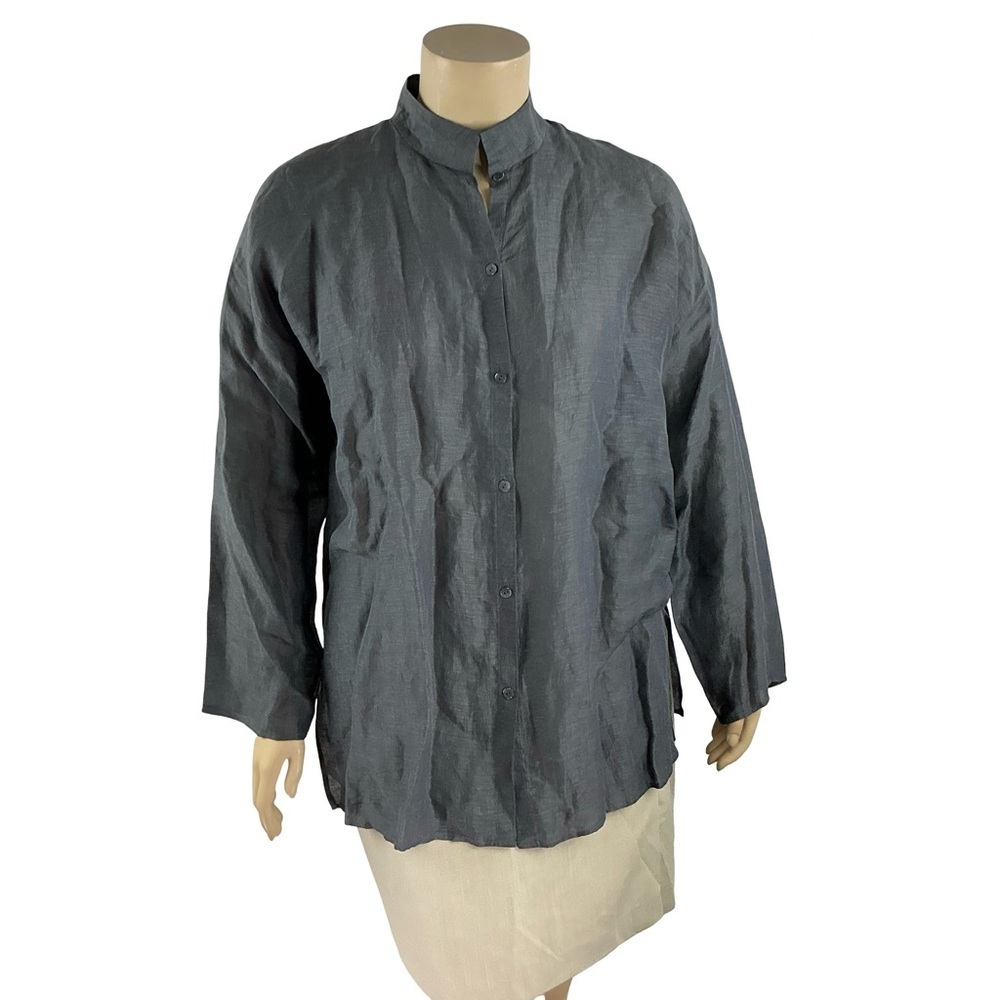 Eileen Fisher Linen Silk Button Front Shirt Gray Size L